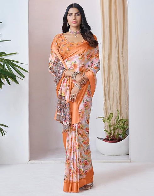 Vasthrlay Georgette Printed Orange Saree With Unstitched Blouse Piece