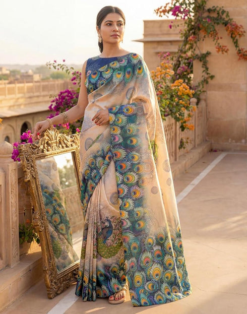 Vasthrlay Womens Printed Unstitched Navy Blue Saree