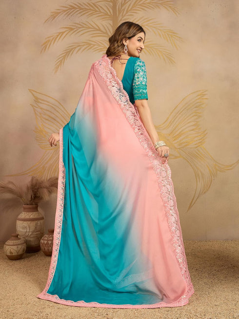 Vasthrlay Chiffon Embroidery Unstitched Turquoise Ethnic Wear
