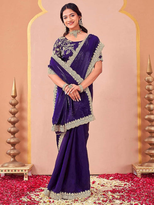 Vasthrlay Sequins Embroidery Unstitched Purple Saree