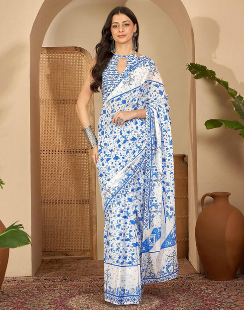 Vasthrlay Womens Printed White | Blue Saree With Unstitched Blouse Piece