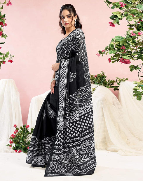 Vasthrlay Womens Printed Black And White Saree With Unstitched Blouse Piece