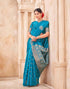 Vasthrlay Kanjivaram Jacquard Teal Blue Saree With Unstitched Blouse Piece