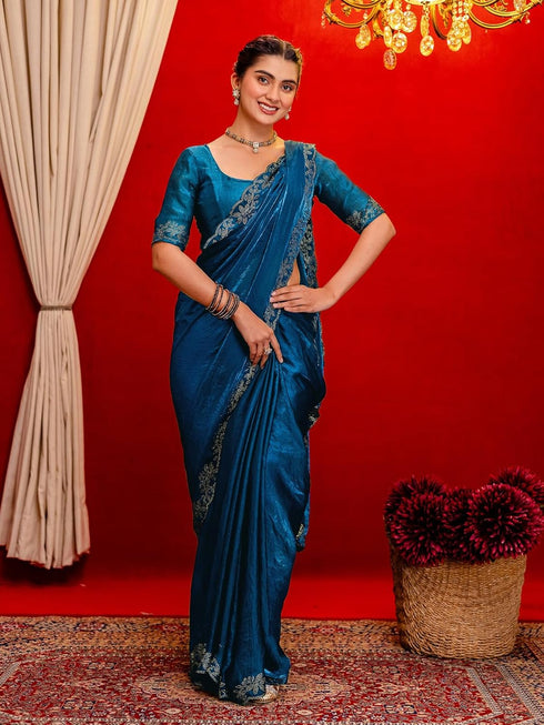 Vasthrlay Shimmer Scalloped Unstitched Maroon Saree
