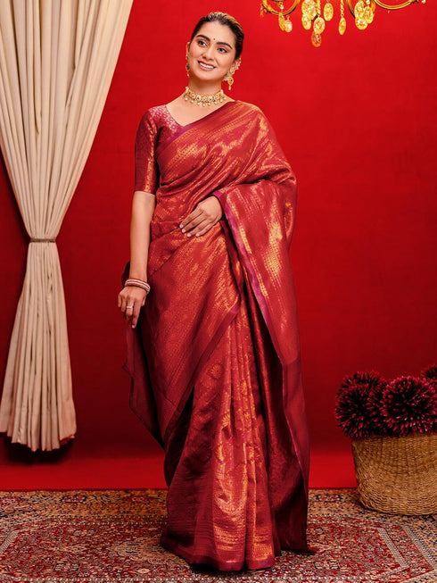 Vasthrlay Womens Kanjivaram Unstitched Dusty Pink Saree