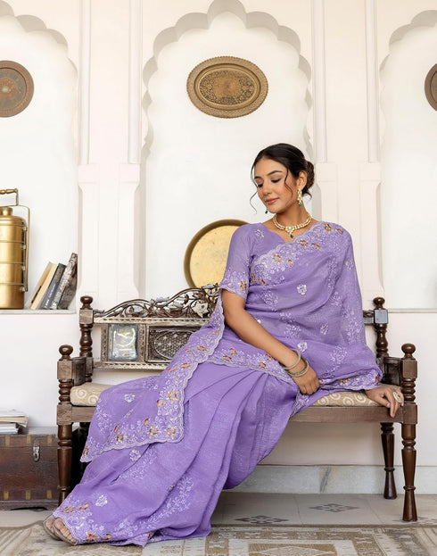 Vasthrlay Embroidery Scalloped Unstitched Maroon Saree