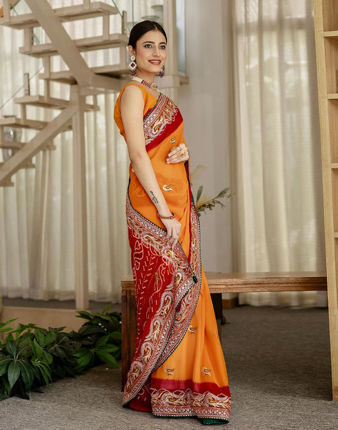 Vasthrlay Georgette Embroidery Turmeric Yellow Saree With Unstitched Blouse Piece