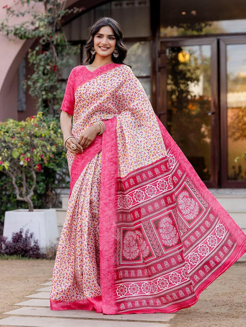 Vasthrlay Womens Printed Unstitched White Saree