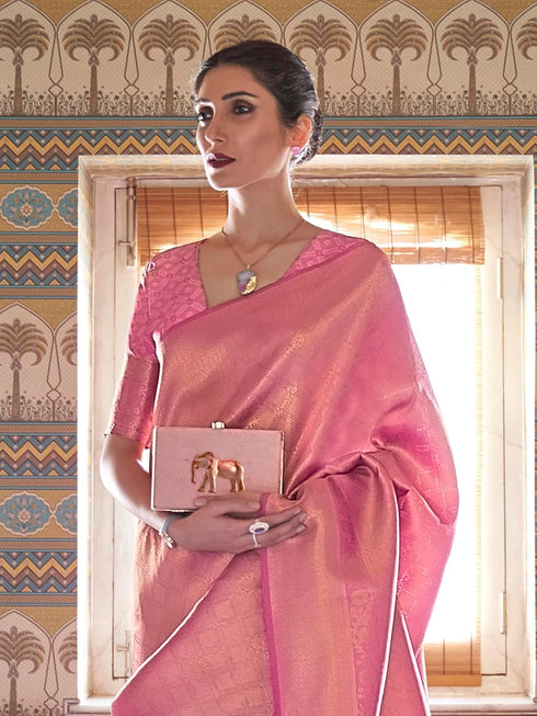 Vasthrlay Jaquard Traditional Unstitch Pink Ethnic Wear