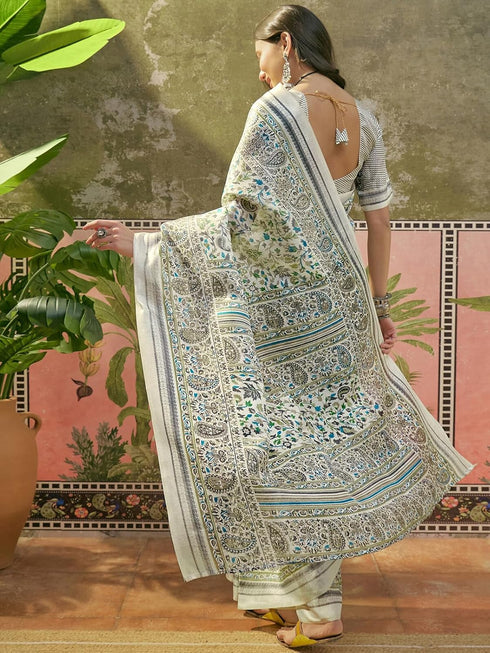 Vasthrlay Womens Printed Unstitched Beige Saree