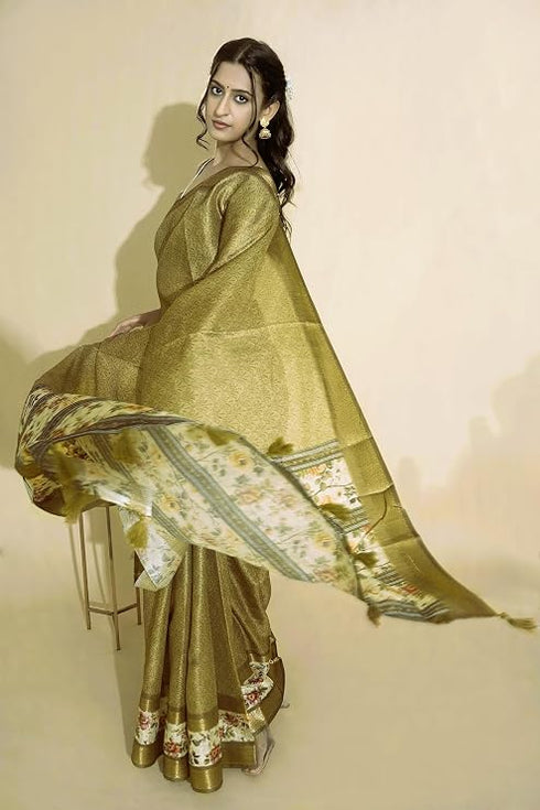 Vasthrlay Antique Gold Abstract Floral Polyester Saree With Zari Border And Ruched Unstitched Blouse Piece