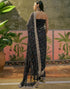 Vasthrlay Scalloped Embroidery Black Saree With Unstitched Blouse Piece