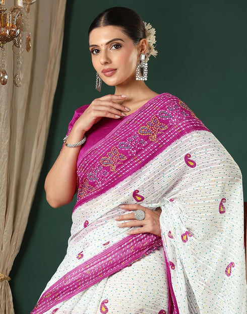 Vasthrlay Georgette Bandhani Unstitched White Saree