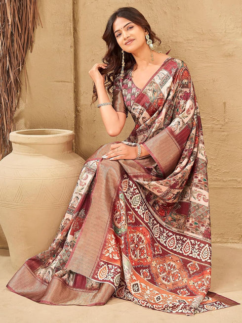 Vasthrlay Printed Jacquard Unstitched Dusty Pink Saree