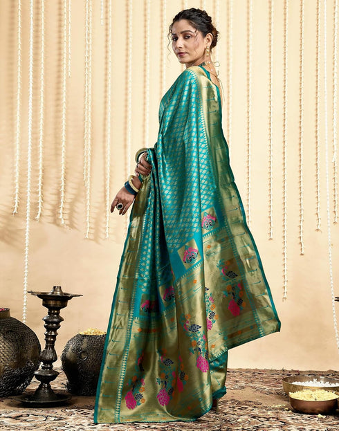 Vasthrlay Jacquard Paithani Unstitched Teal Saree