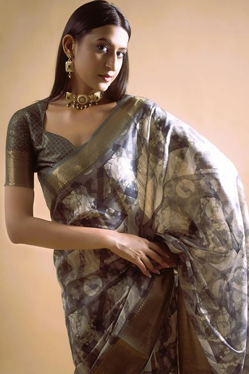 Vasthrlay Slate Grey Patchwork Print Polyester Saree With Zari Border And Unstitched Blouse Piece