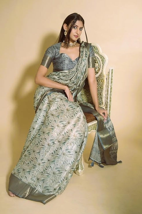 Vasthrlay Steel Grey Beige Geometric Triangle Print Polyester Saree With Muted Gold Zari Border And Teal Blue Ruched Unstitched Blouse Piece