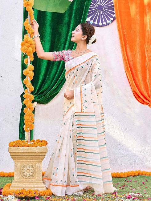 Vasthrlay Tricolor Printed White1 White Saree
