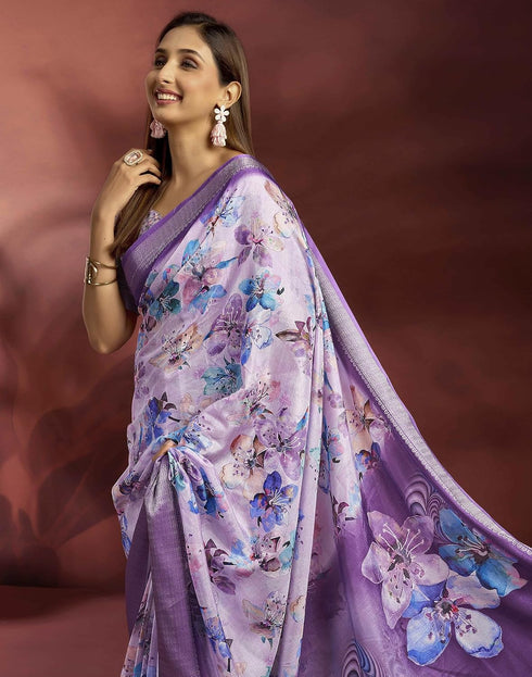 Vasthrlay Womens Printed Purple Saree With Unstitched Blouse Piece