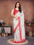 Vasthrlay Off White Linen Floral | Striped | Check Design Printed Saree With Solid Unstitched Linen Blouse Piece