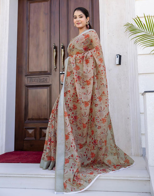 Vasthrlay Womens Printed Unstitched White Saree