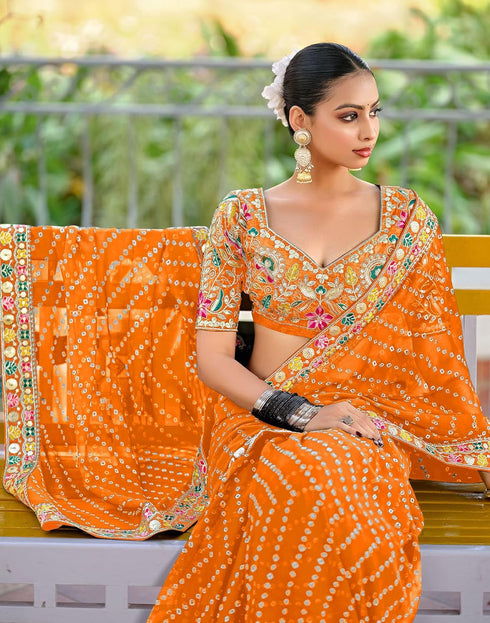 Vasthrlay Georgette Bandhani Unstitched Yellow Saree