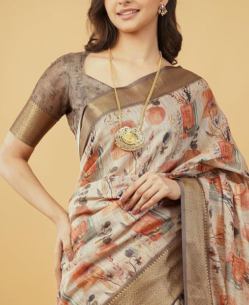 Vasthrlay Cream Rust Abstract Print Polyester Saree With Zari Border And Unstitched Blouse Piece