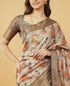 Vasthrlay Cream Rust Abstract Print Polyester Saree With Zari Border And Unstitched Blouse Piece