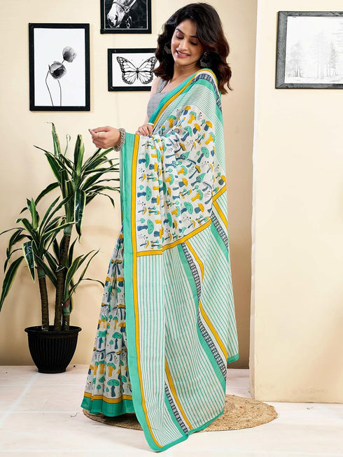 Vasthrlay Womens Printed Unstitched White Saree