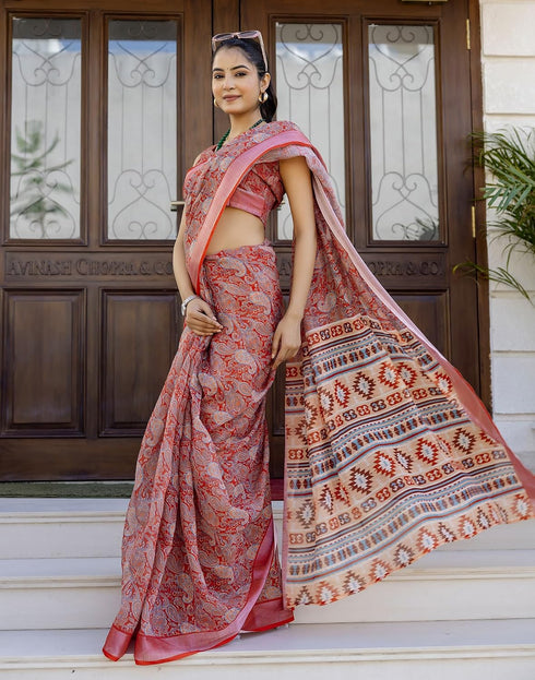 Vasthrlay Womens Printed Multicolour Saree With Unstitched Blouse Piece