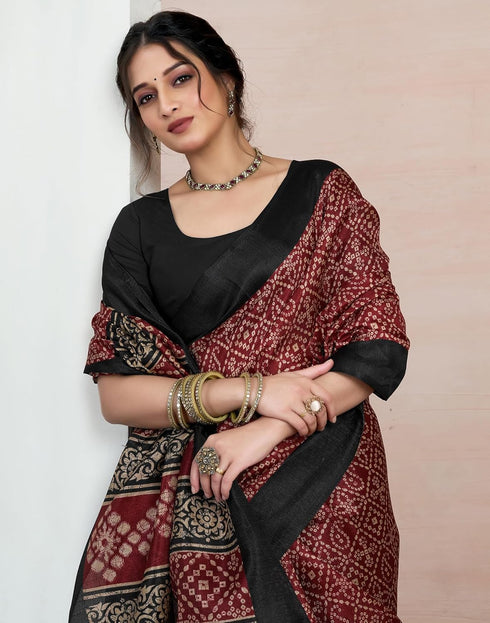 Vasthrlay Bandhani Printed Unstitched Black Saree