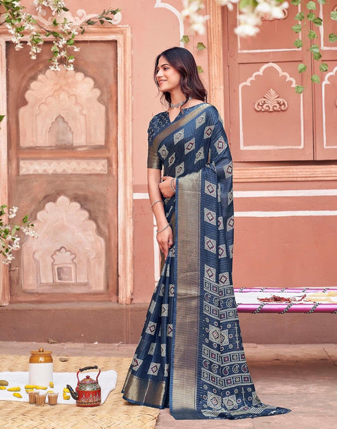 Vasthrlay Womens Printed Unstitched Navy Blue Saree