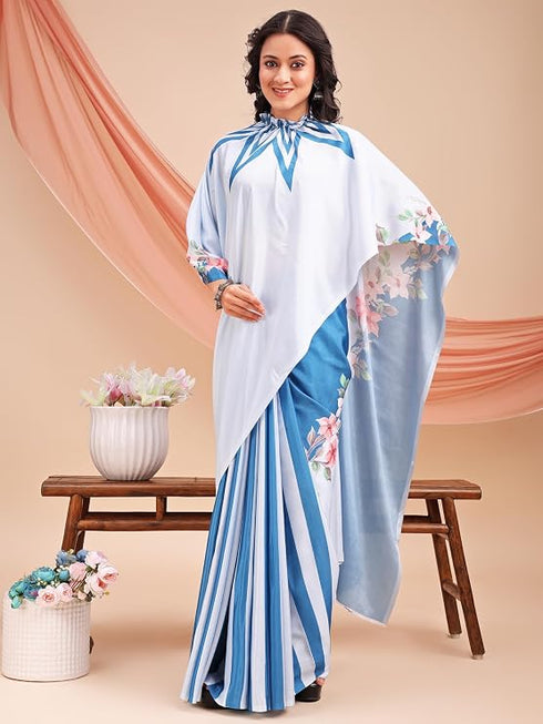 Vasthrlay Printed Kaftan Freehand SkyBlue-White Bollywood Satin Saree with Unsticted Blouse Piece
