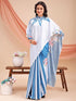 Vasthrlay Printed Kaftan Freehand SkyBlue-White Bollywood Satin Saree with Unsticted Blouse Piece