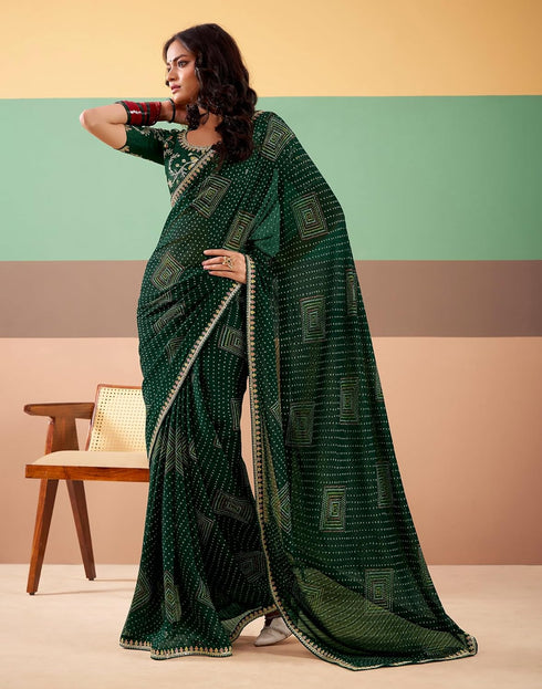 Vasthrlay Georgette Embroidery Unstitched Dark Green Saree