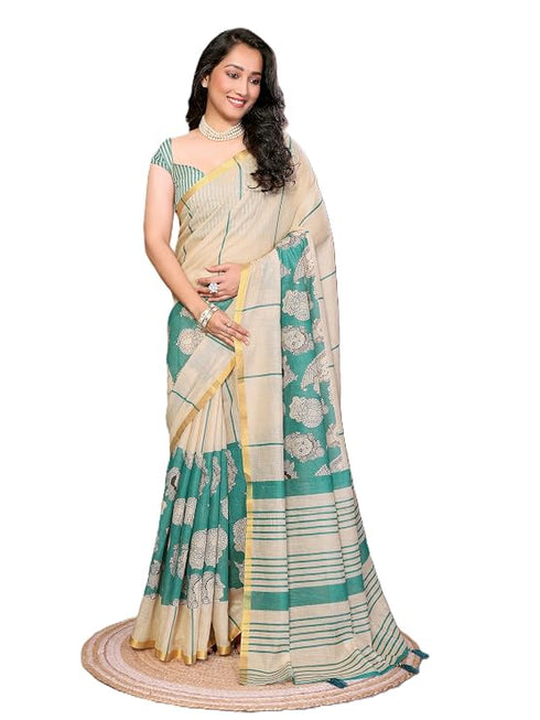 Vasthrlay Womens Off White Kathakali Print Linen Saree With Gold Zari Border And Unstitched Blouse Piece