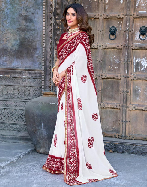 Vasthrlay Bandhani Georgette Unstitched White Saree