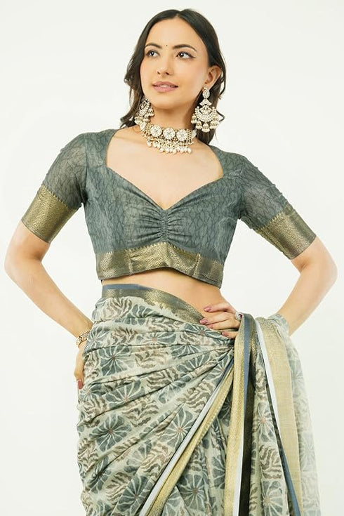 Vasthrlay Charcoal Grey Abstract Print Polyester Saree With Antique Zari Border And Unstitched Blouse Piece