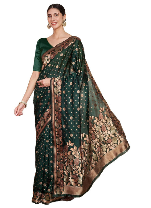 Vasthrlay Kanjeevaram Silk Unstitched Green Bottle Ethnic Wear