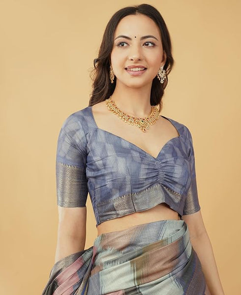 Vasthrlay Slate Blue Abstract Print Polyester Saree With Zari Border And Unstitched Blouse Piece