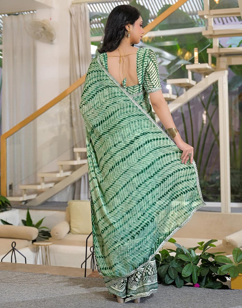 Vasthrlay Chiffon Chevron Unstitched Pista Green Saree