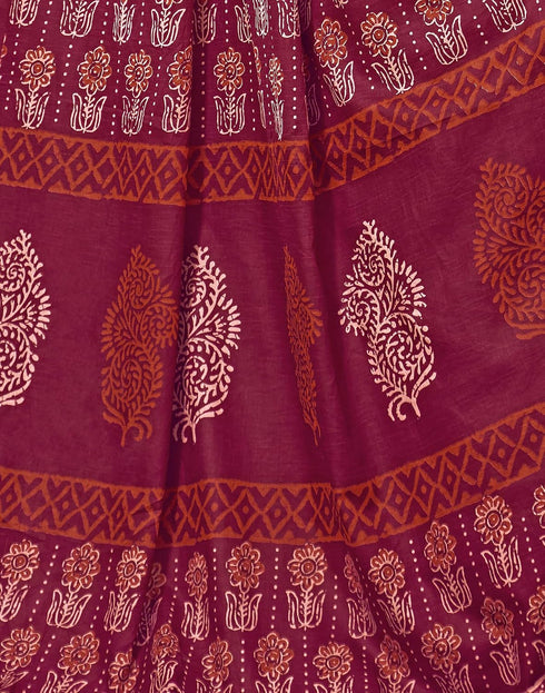 Vasthrlay Womens Printed Wine Saree With Unstitched Blouse Piece