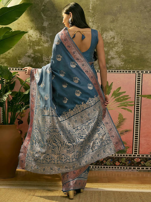 Vasthrlay Banarasi Weaving Unstitched Teal Saree