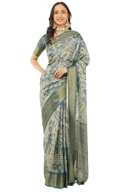 Vasthrlay Slate Blue Patchwork Print Polyester Saree With Zari Border And Unstitched Blouse Piece