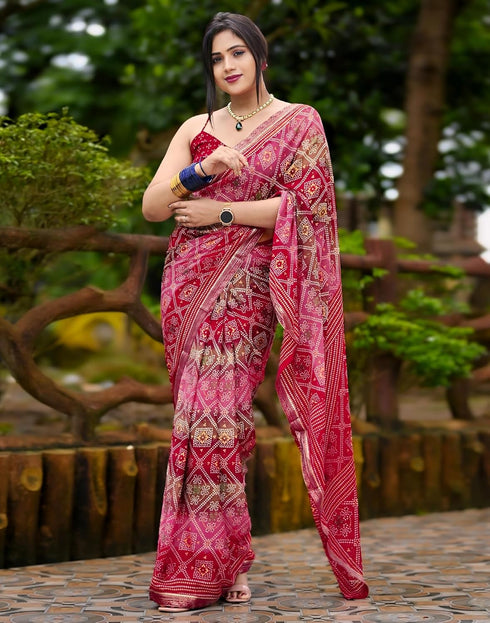 Vasthrlay Georgette Bandhani Unstitched Maroon Saree