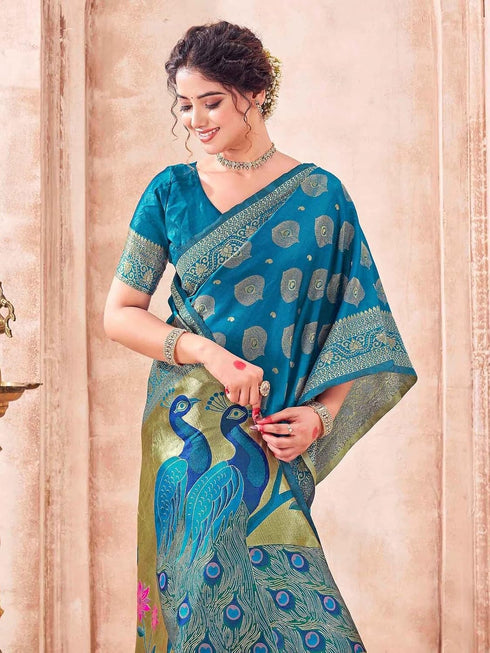 Vasthrlay Weaving Banarasi Unstitched Peacock Blue Saree
