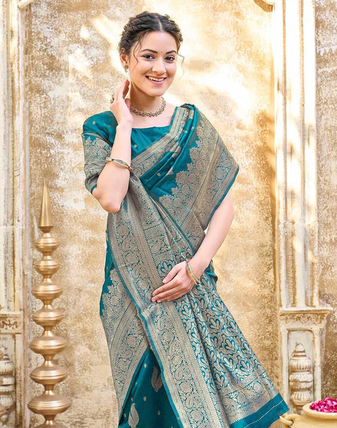 Vasthrlay Womens Weaving Rama Blue | Gold Saree With Unstitched Blouse Piece
