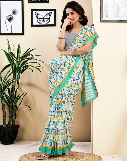 Vasthrlay Womens Printed White And Multi Saree With Unstitched Blouse Piece