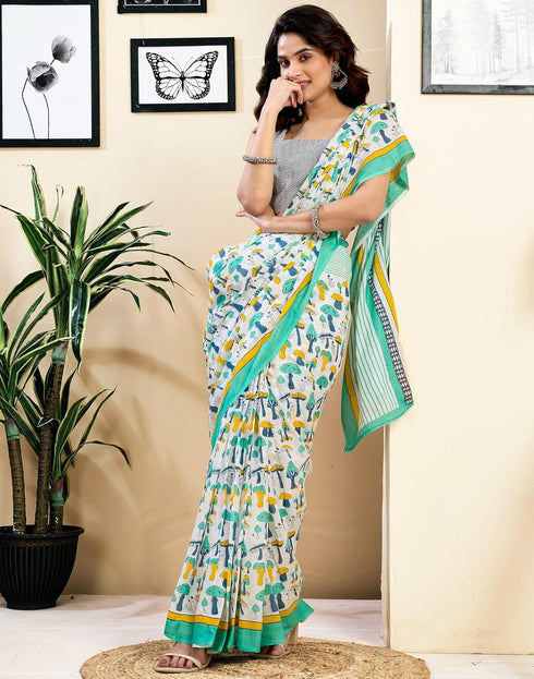 Vasthrlay Womens Printed Unstitched White Saree