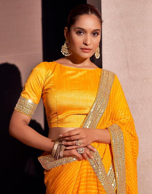 Vasthrlay Georgette Embroidery Yellow Saree With Unstitched Blouse Piece
